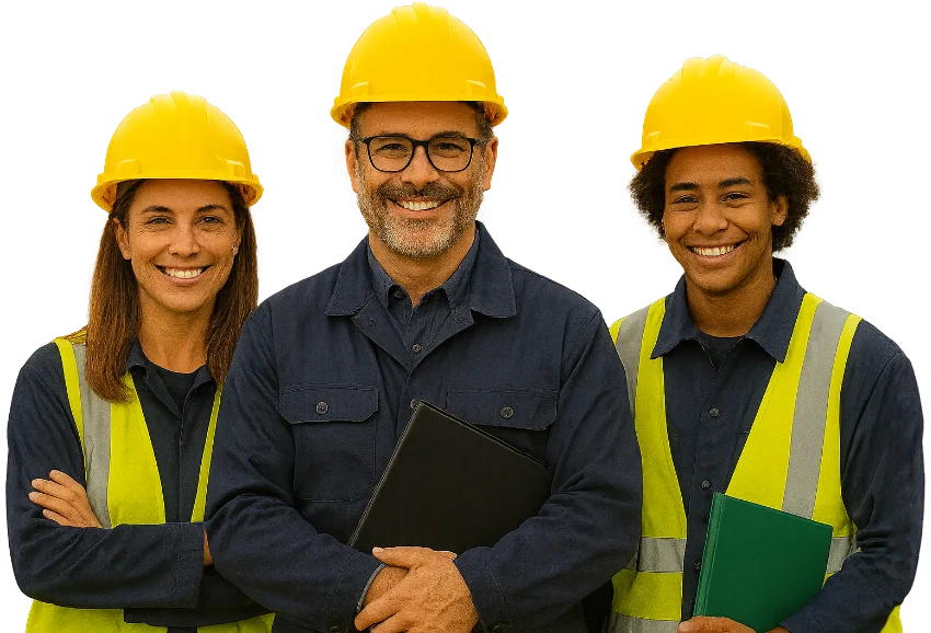 Equipe de engenheiros e técnicos da Marfem Mineração usando capacete e uniforme, simbolizando confiança e segurança.